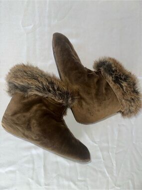 Restoration Hardware Brown Faux Fur Trim Slippers